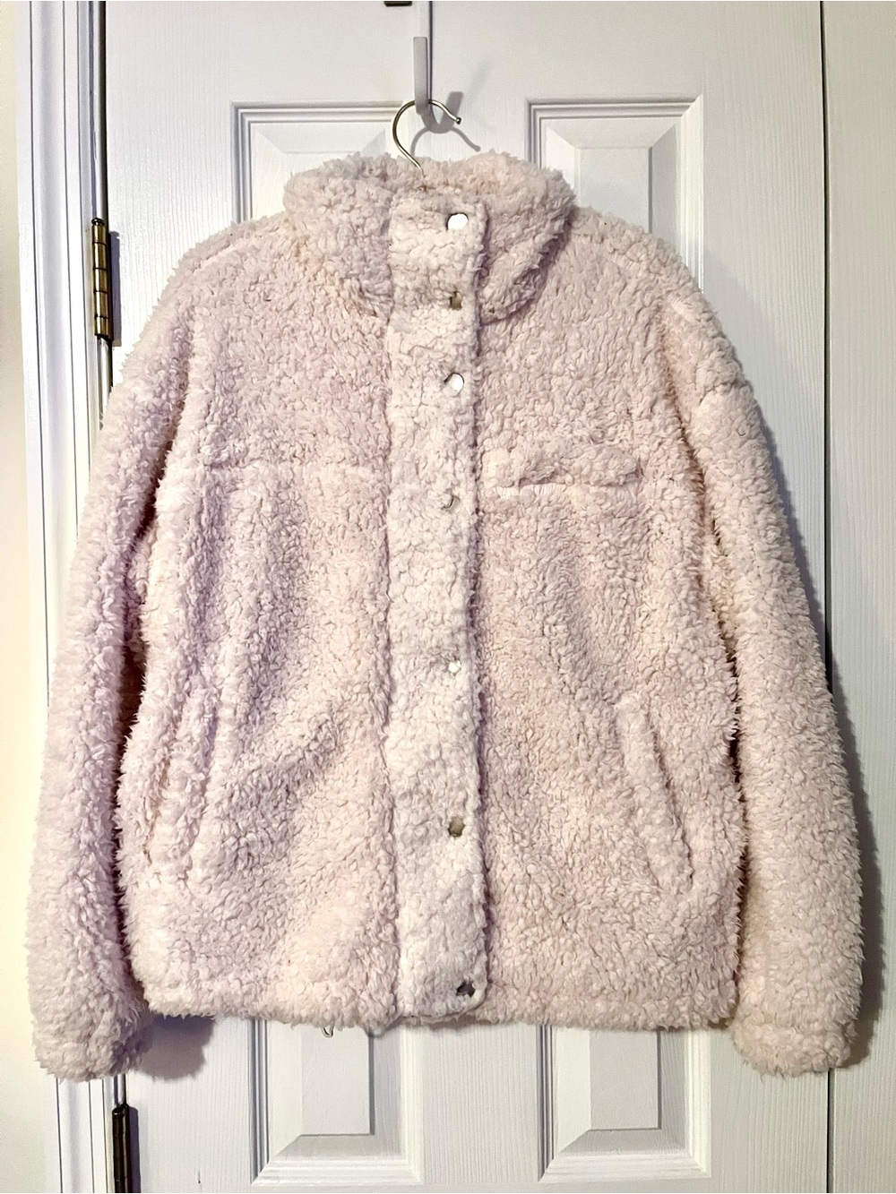 Thread & Supply Ivory Sherpa Fleece Jacket High Collar Snap Front Size Small